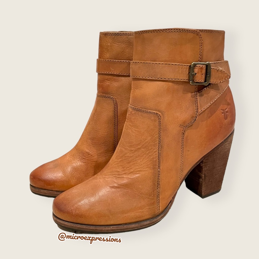 $379 Frye Patty Tan Brown Leather Belt Cute Almond Toe Fall/Winter Ankle Booties - Picture 11 of 16